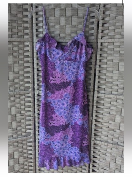 Dresses & Skirts - Vintage 90’s Midi Dress Purple Floral Ruffle V-Neck Spaghetti Strap Medium